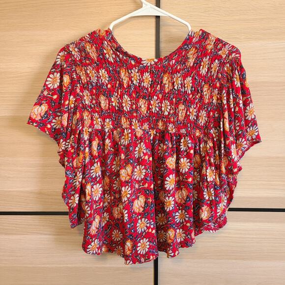 Free People Ruffles Up Shirt Women L Floral Linen Blend Crop Flutter Sleeve Boho - Picture 5 of 11